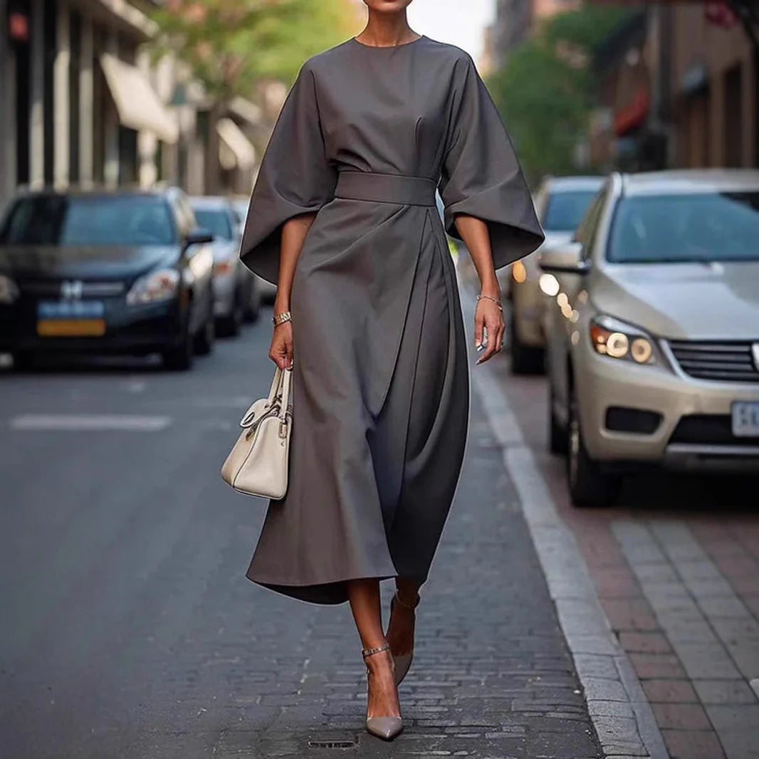 Loose Batwing Sleeve Dress Fashion Waist-tighted Solid Color Elegant Dresses For Women Clothing Mimarta