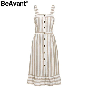 BeAvant Casual striped linen cotton dress women Button strap beach summer dress 2019 Sexy backless midi ladies dresses vestidos Rieworkes