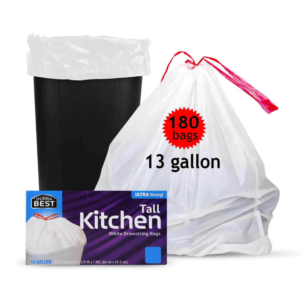 DURRA BEST. Tall Kitchen Drawstring Trash Bags 13 Gallon | 180 Count Bulk | Kitchen Garbage Bags | White | Ultra Strong | 13 Gallon Capacity Rieworkes