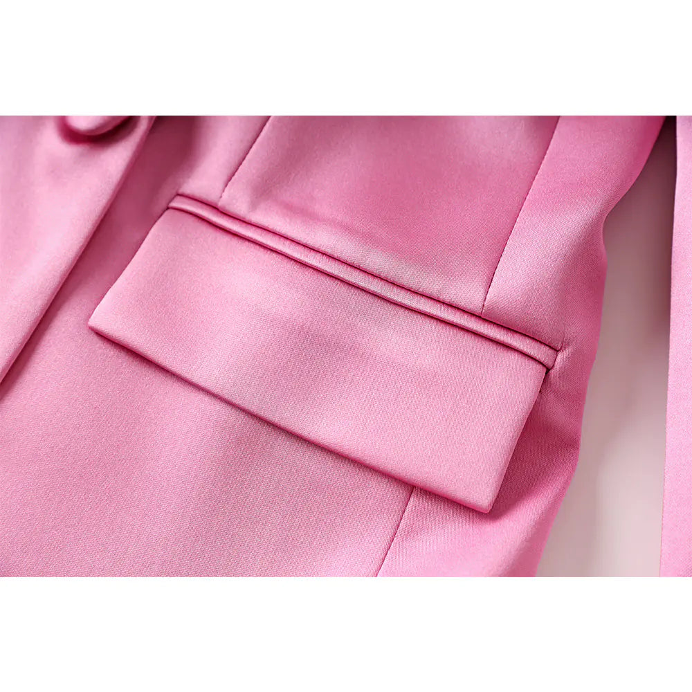 Fashionable Pink Satin Suit Jacket and Skirt Set Mimarta