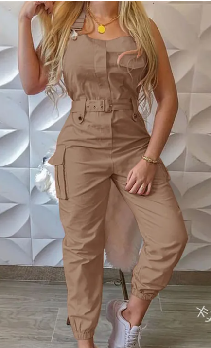Women's Fashion Work Clothes Jumpsuit Belt Sleeveless Mimarta