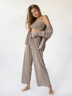 Ribbed Drop Sleeves Sleepwear Women Set Rieworkes