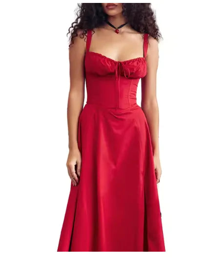 Elegant Midi Dress for Women – Sleeveless Corset Bandeau with Lace-Up and Side Split Hem Rieworkes