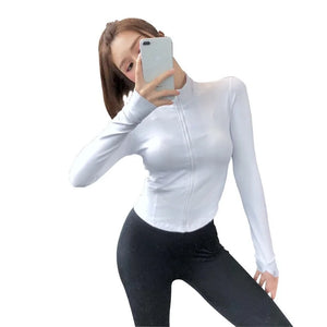 Women's Slim Zipper Sports Gym Running Long Sleeve Crop Tops Rieworkes