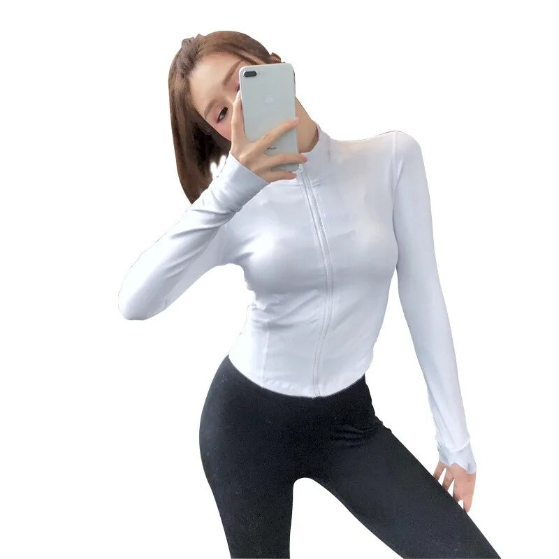 Women's Slim Zipper Sports Gym Running Long Sleeve Crop Tops Rieworkes