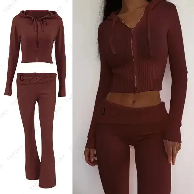 Knitted Hoodie Cropped Top And Pants Set Rieworkes