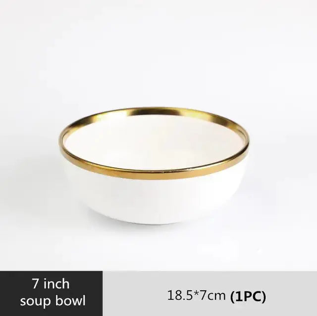 High-quality Matte Gilt Rim White Porcelain Dinner Tray Kitchen Plates Ceramic Tableware Food Dishes Rice Salad Noodles Bowl Rieworkes