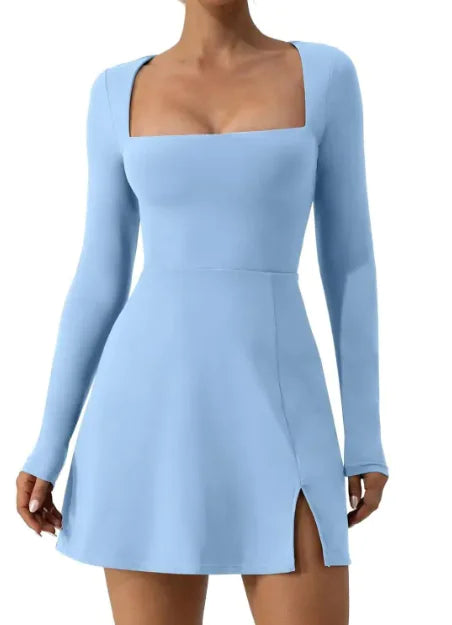 Women's Square Collar Corset Long Sleeve Slit Flared Rieworkes