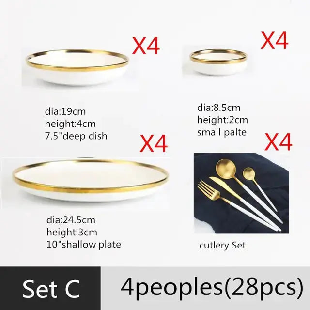 High-quality Matte Gilt Rim White Porcelain Dinner Tray Kitchen Plates Ceramic Tableware Food Dishes Rice Salad Noodles Bowl Rieworkes