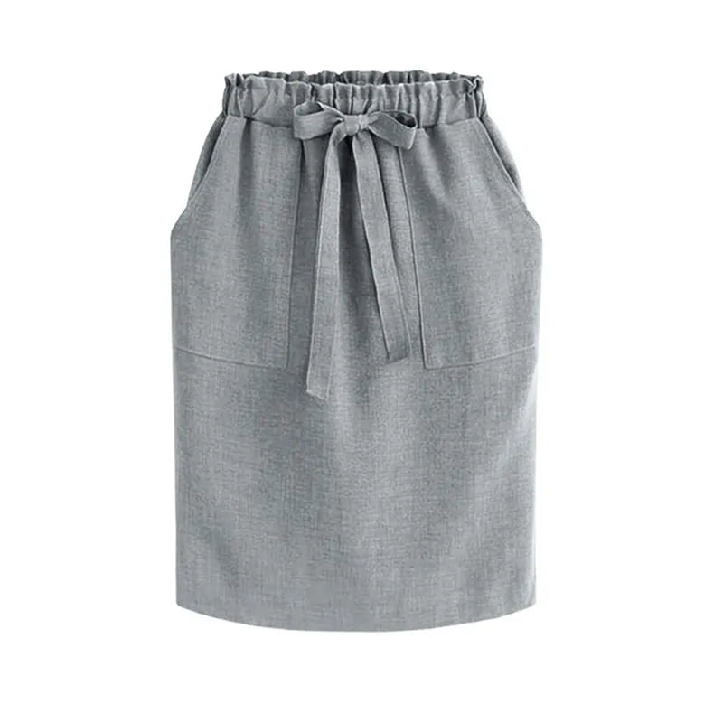 Women's Cotton Elastic Waist Bow Skirt - Summer/Autumn Midi Office Pencil Style (Green) Rieworkes