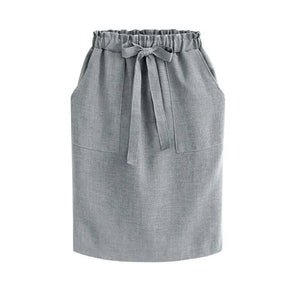 Women's Cotton Elastic Waist Bow Skirt - Summer/Autumn Midi Office Pencil Style (Green) Rieworkes