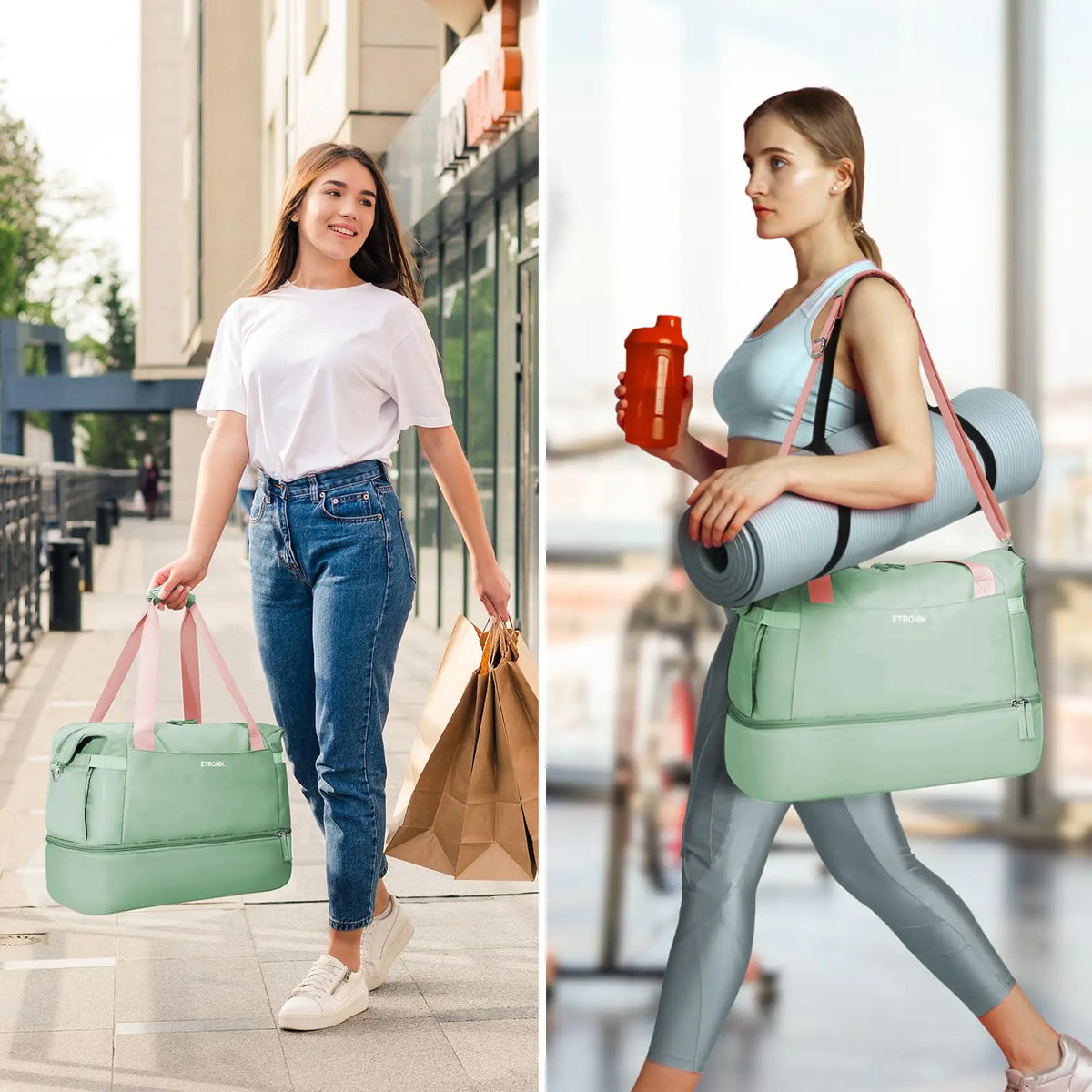 ETRONIK Gym Bag for Women, Travel Duffel Bag with USB Charging Port, Weekender Overnight Bag with Wet Pocket & Shoes Compartment for Women, Travel, Gym, Yoga (Green Pink) Medium Pink Green Rieworkes