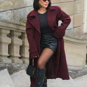 Elegant Bordeaux Lapel Mix Maxi Overcoat Rieworkes
