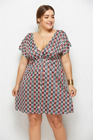 Printed Deep V-Neck Dress with Elastic Waist Mimarta