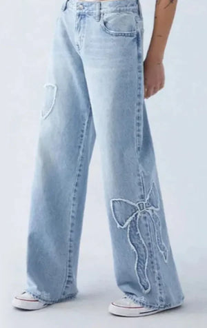 Women's Straight Trousers Embroidered Side Frayed Butterfly Jeans Street Design Hot Girl Baggy Pants Rieworkes