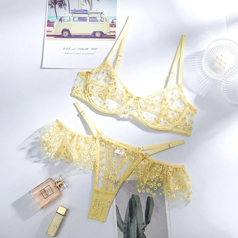 Yellow Floral Mesh Patchwork Underwear Set Rieworkes