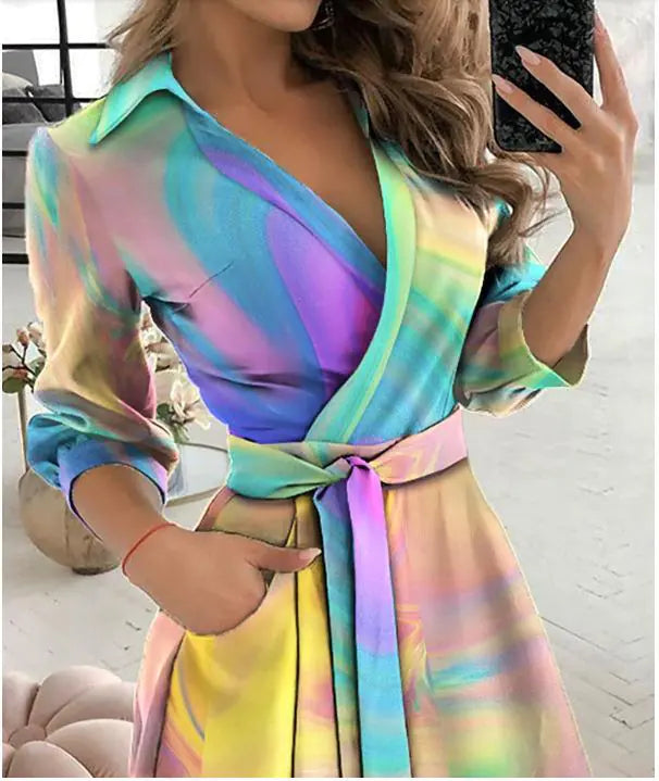 Women's Long Sleeve V-Neck Printed Fashion Dress Mimarta