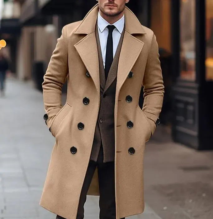 Fall Winter Men Woolen Coat Double Breasted Long Rieworkes