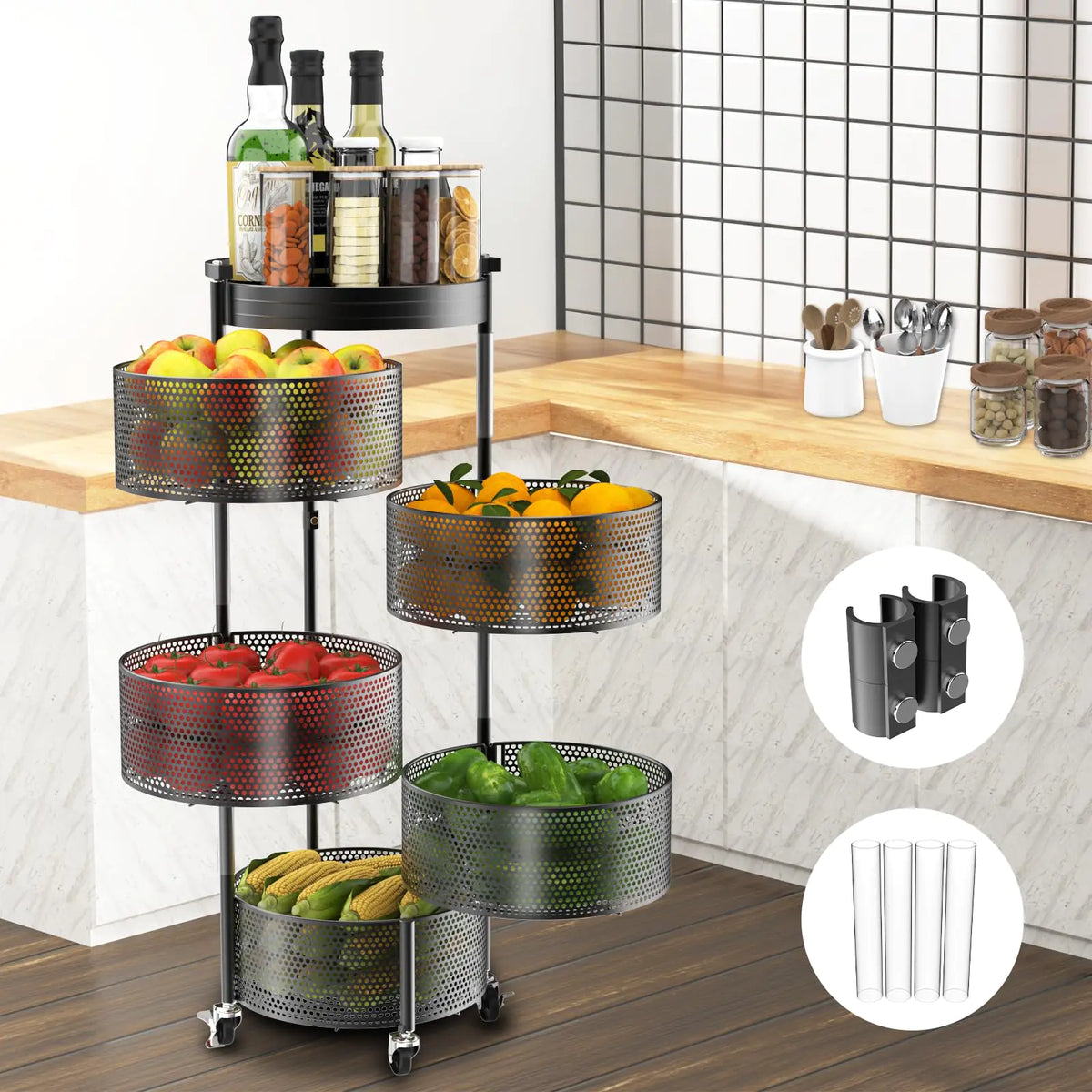 Amundo Fruit and Vegetable Basket Bowls for Kitchen5 Tier Rotating Storage Rack Cart With Metal Top LidDouble fixing ＆Metal Support Wheels Kitchen Storage Rack For Potato Onion Bread BananaBlack Mimarta
