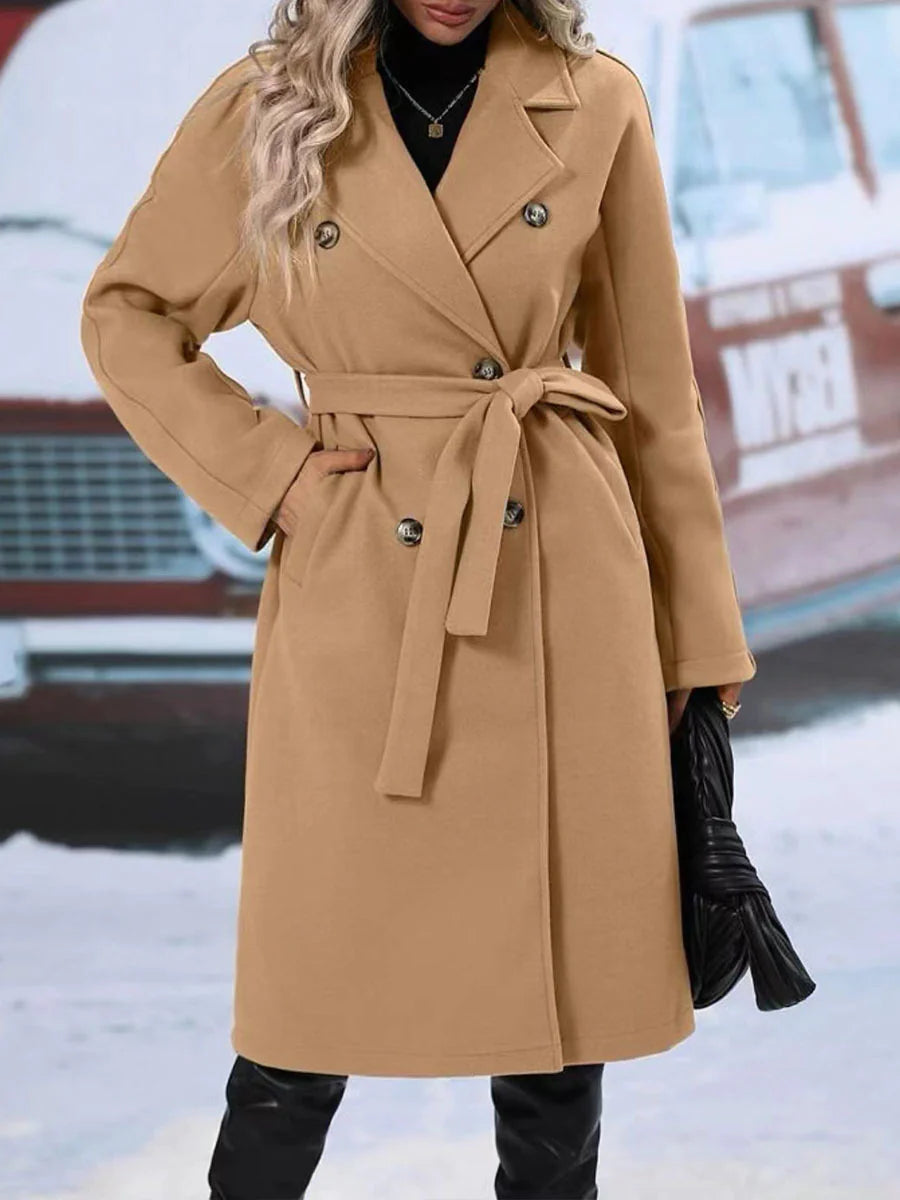Women's Double-Breasted Trench Coat with Polo Collar and Lace-Up Belt: Thickened Solid Color Design Rieworkes