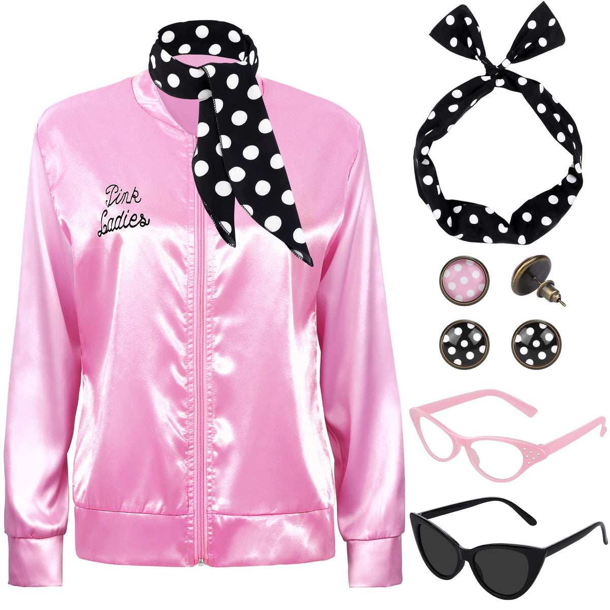SOMSOC 1950s Pink Satin Jacket with Neck Scarf Headband Earrings Cat Eye Glasses Halloween Cosplay Costume Set for Women Girl Mimarta