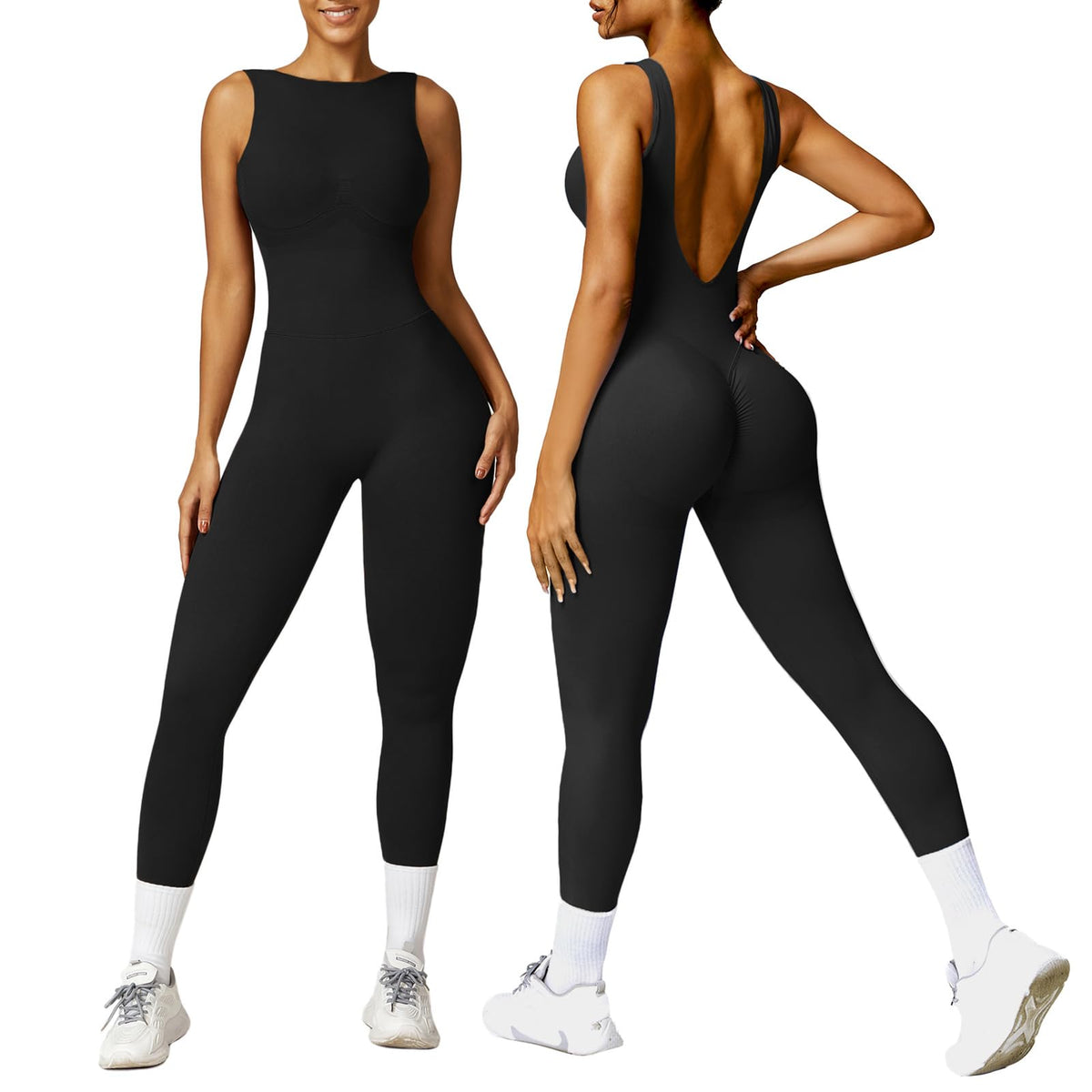OEAK Womens Sleeveless Jumpsuits Crew Neck Unitards Scrunch Butt Tummy Control Bodycon Full Length Seamless Workout Romper Black XL Mimarta