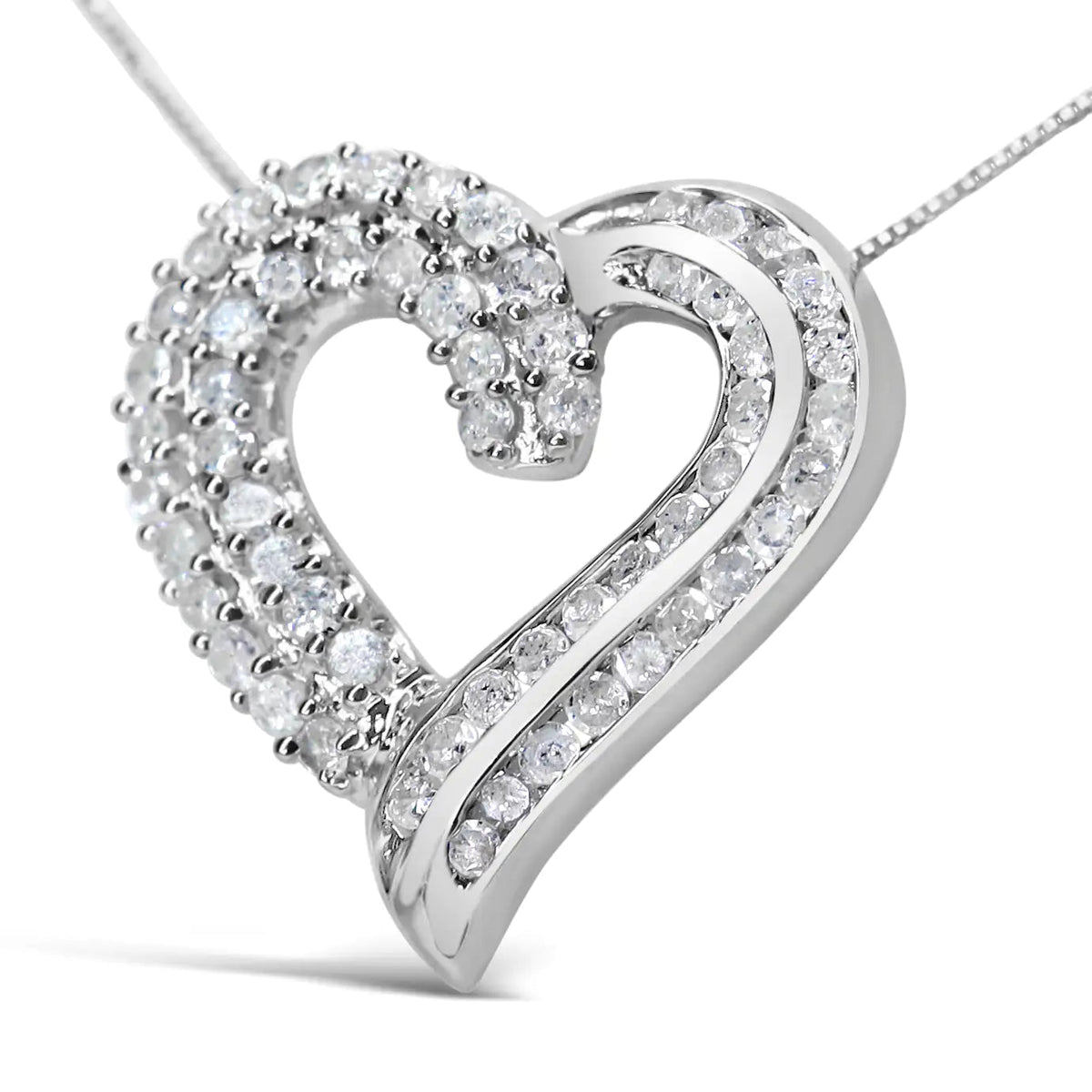 .925 Sterling Silver 1.0 Cttw Prong &amp; Channel - Set Diamond Open work Ribbon Heart Pendant 18" Necklace (I - J Color, I3 Clarity) - Rieworkes