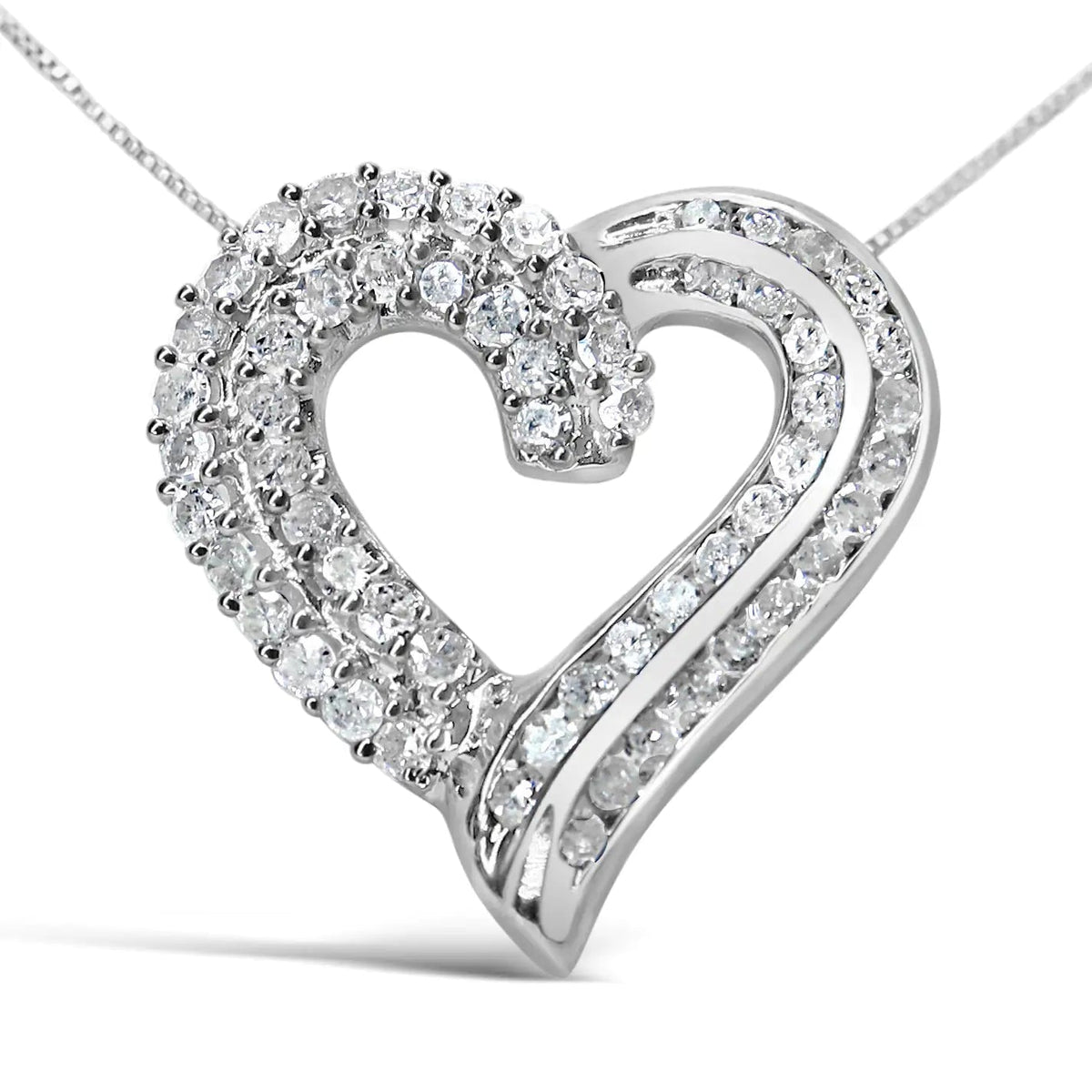 .925 Sterling Silver 1.0 Cttw Prong &amp; Channel - Set Diamond Open work Ribbon Heart Pendant 18" Necklace (I - J Color, I3 Clarity) - Rieworkes