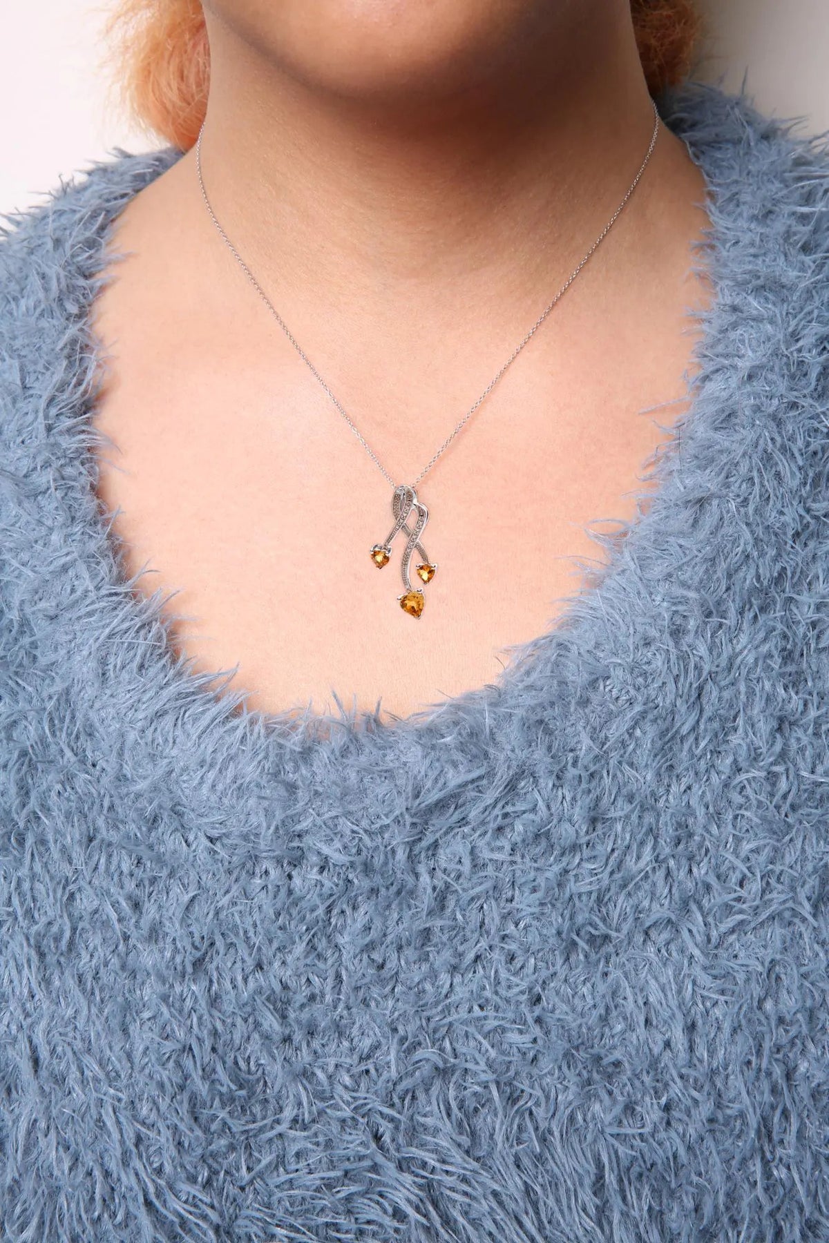 .925 Sterling Silver 3 - Stone Heart Shape Citrine and Diamond Accent Spiral Drop 18" Pendant Necklace (H - I Color, SI1 - SI2 Clarity) - Rieworkes