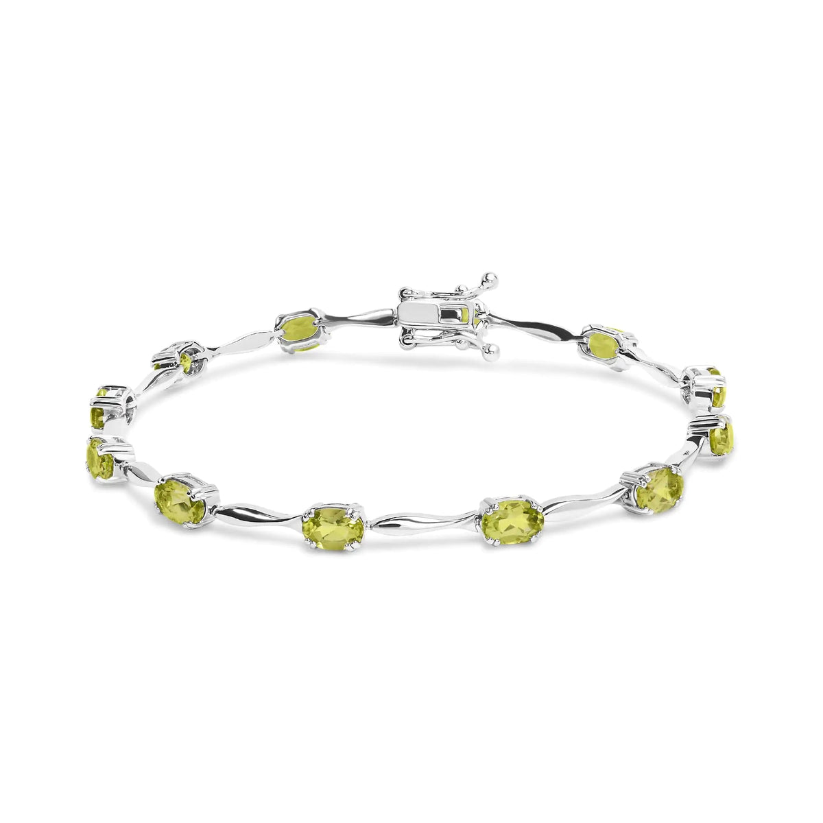 .925 Sterling Silver 5 1/2 Cttw Oval Shaped Created Green Peridot Link Bracelet - 7" Inches - Rieworkes