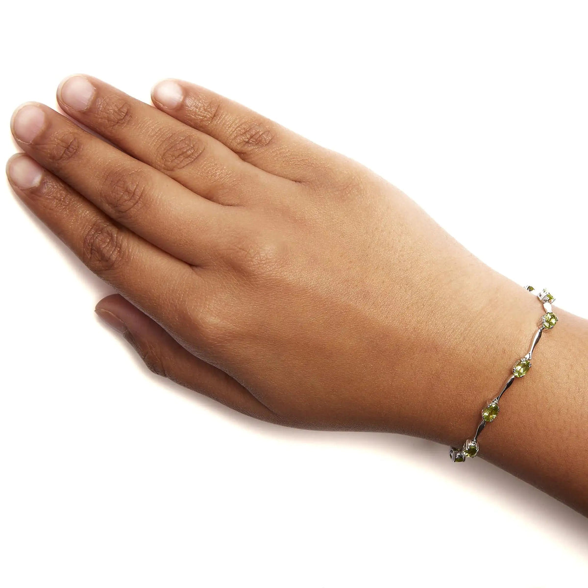 .925 Sterling Silver 5 1/2 Cttw Oval Shaped Created Green Peridot Link Bracelet - 7" Inches - Rieworkes