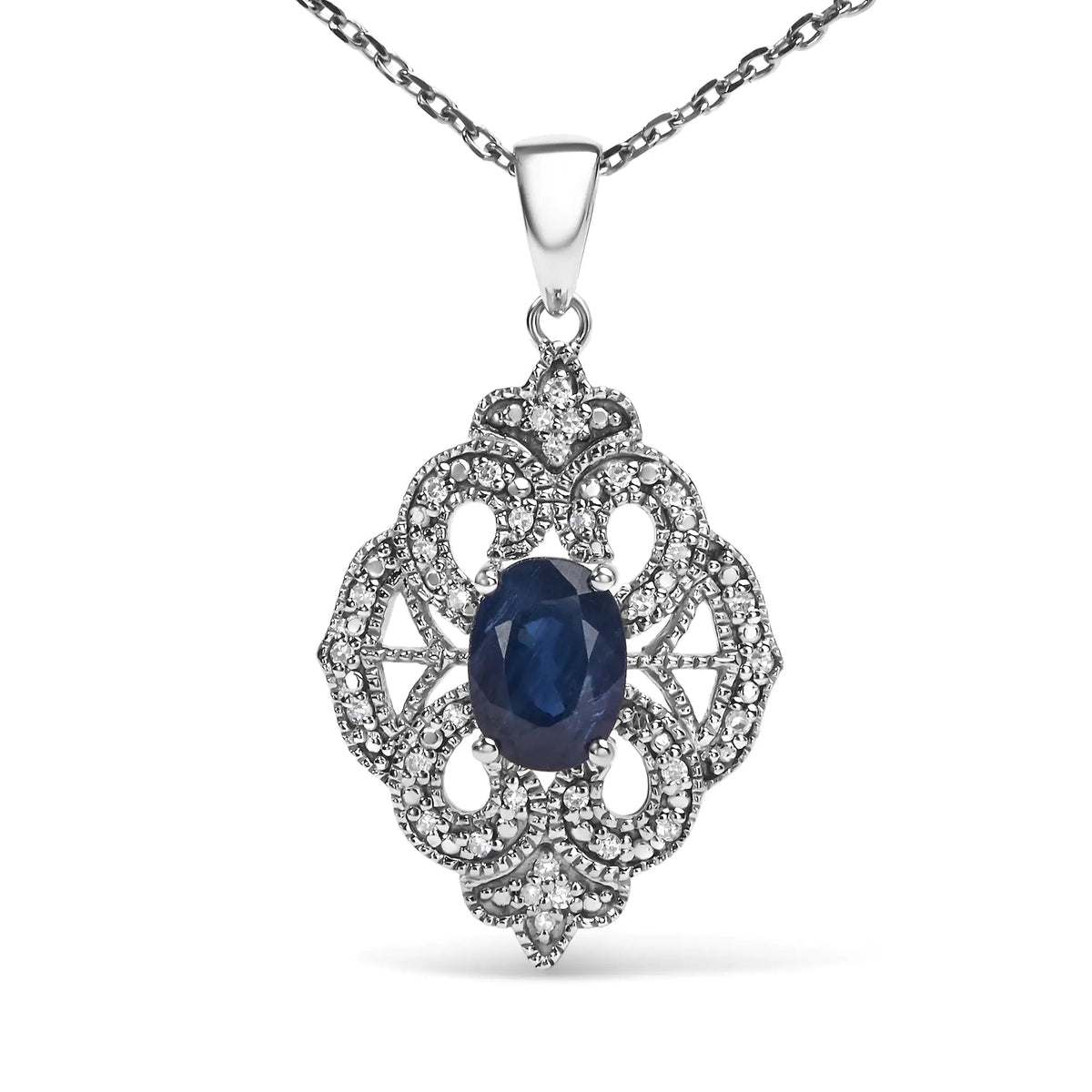 .925 Sterling Silver 7x5 MM Oval Blue Sapphire and Diamond Accent Art Deco Style Shield Shaped 18" Pendant Necklace (I - J Color, I3 Clarity) - Rieworkes