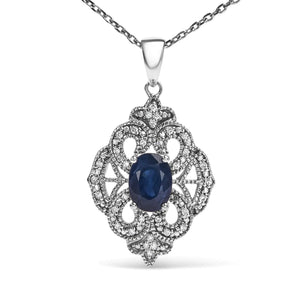 .925 Sterling Silver 7x5 MM Oval Blue Sapphire and Diamond Accent Art Deco Style Shield Shaped 18" Pendant Necklace (I - J Color, I3 Clarity) - Rieworkes