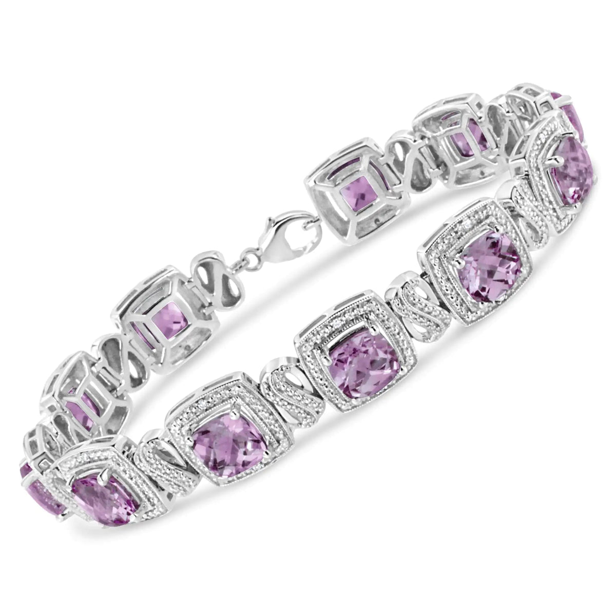 .925 Sterling Silver 7x7 mm Cushion Cut Purple Amethyst and 1/10 cttw Round Cut Diamond Square Shape Tennis Bracelet (I - J Color, I1 - I2 Clarity) - 7" - Rieworkes