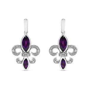 .925 Sterling Silver Marquise Cut Amethyst and Diamond Accent Fleur De Lis Dangle Stud Earrings (H - I Color, SI1 - SI2 Clarity) - Rieworkes