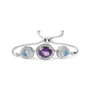 .925 Sterling Silver Oval Amethyst and Pear Blue Topaz with Diamond Accent Lariat 4” - 10” Adjustable Bolo Bracelet (H - I Color, SI1 - SI2 Clarity) - Rieworkes