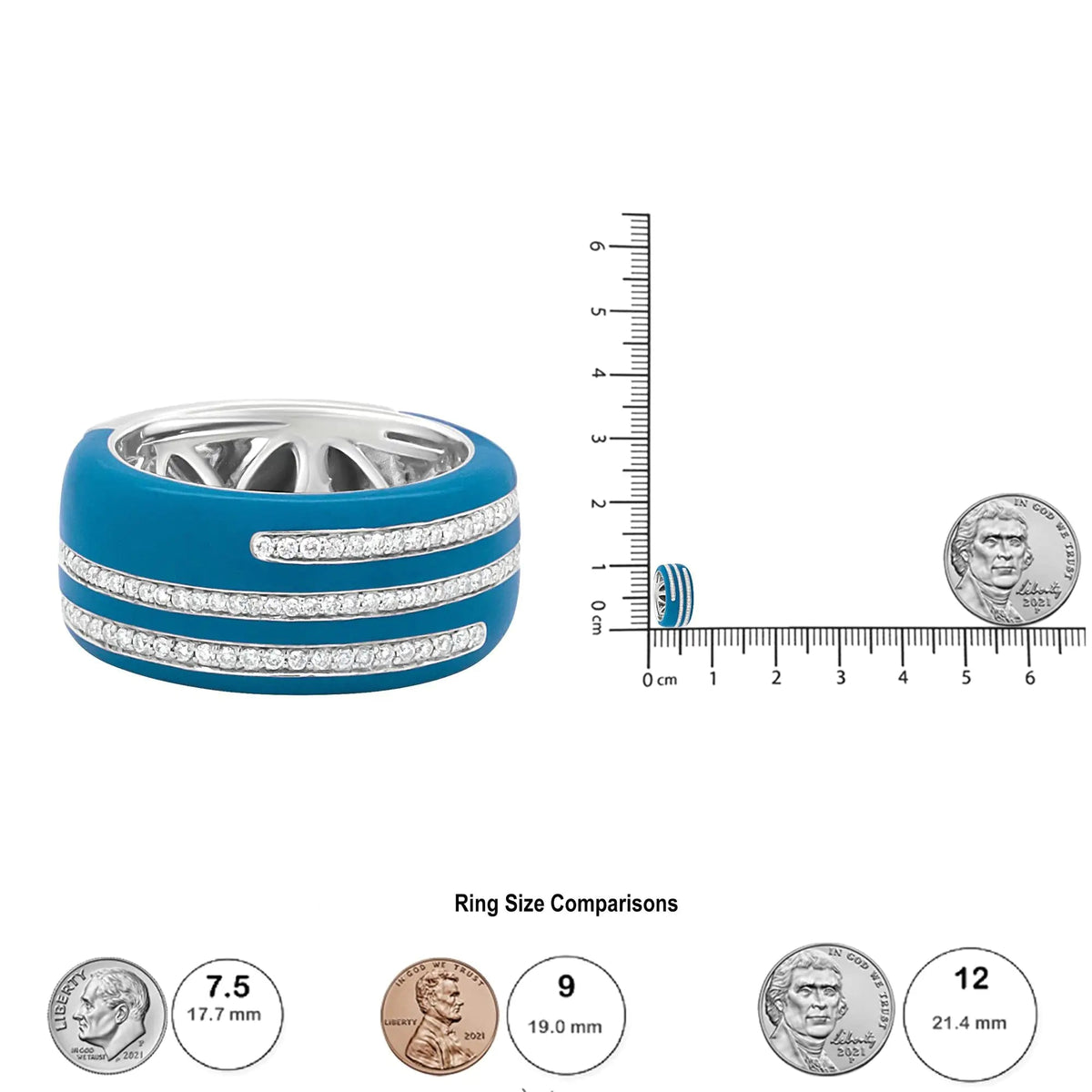 .925 Sterling Silver Turquoise Enamel 5/8 Cttw Round Diamond Wide Band Statement Ring (F - G Color, VS1 - VS2 Clarity) - Rieworkes