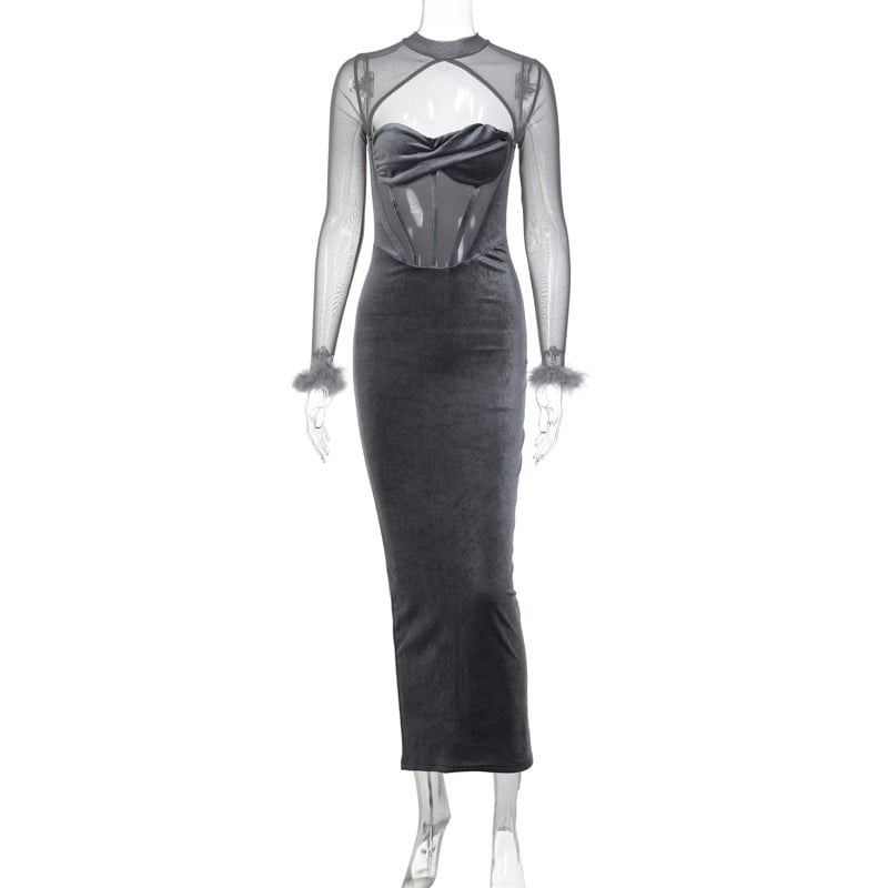 Women's Plush Mesh Hollow Stitching Sexy Dress Mimarta