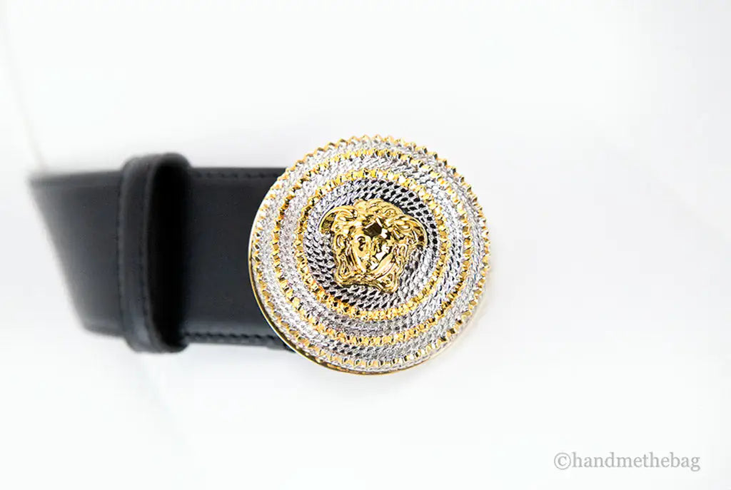 Versace Leather Round Ridged Medusa Emblem Adjustable Belt Mimarta