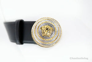 Versace Leather Round Ridged Medusa Emblem Adjustable Belt Mimarta