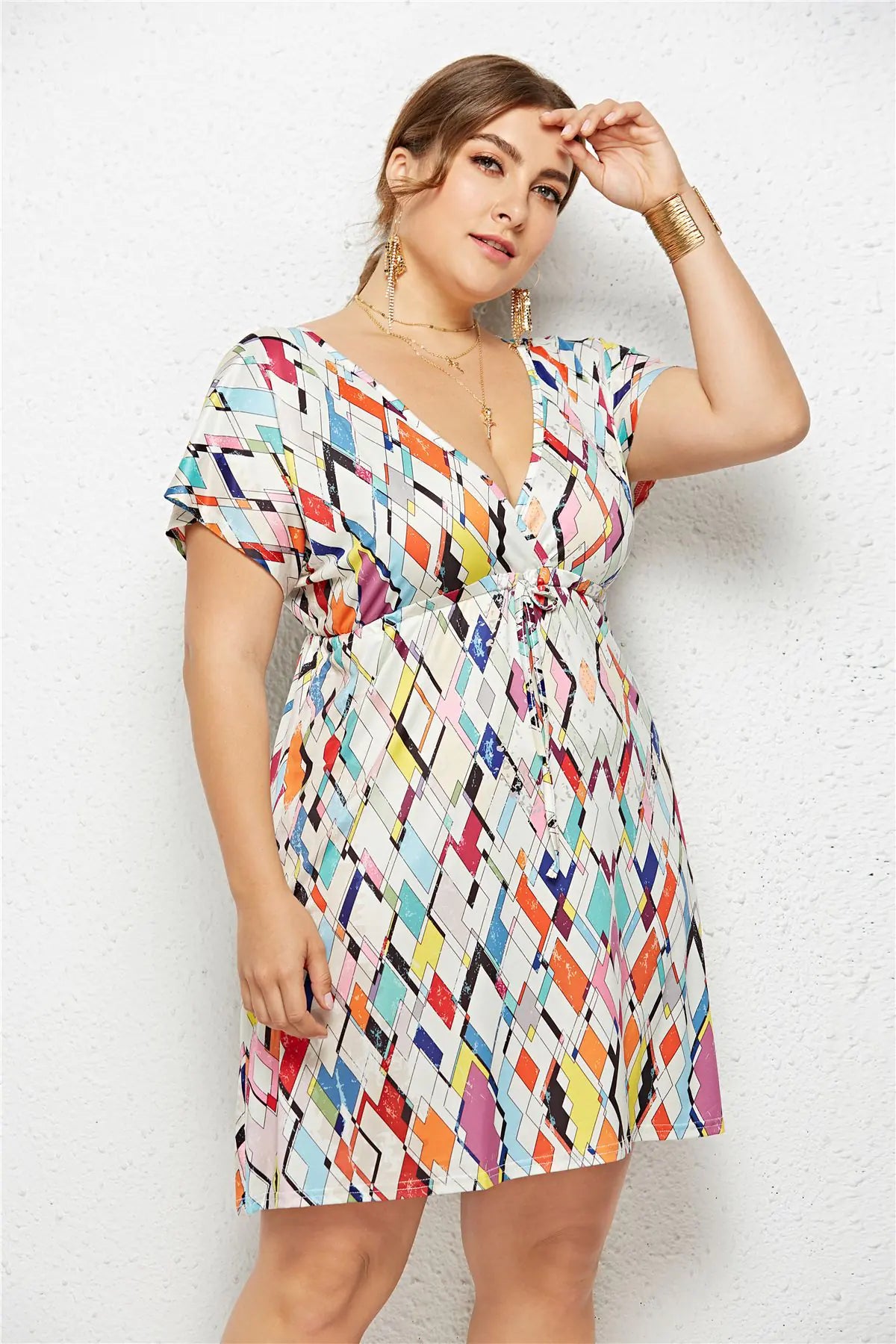 Printed Deep V-Neck Dress with Elastic Waist Mimarta