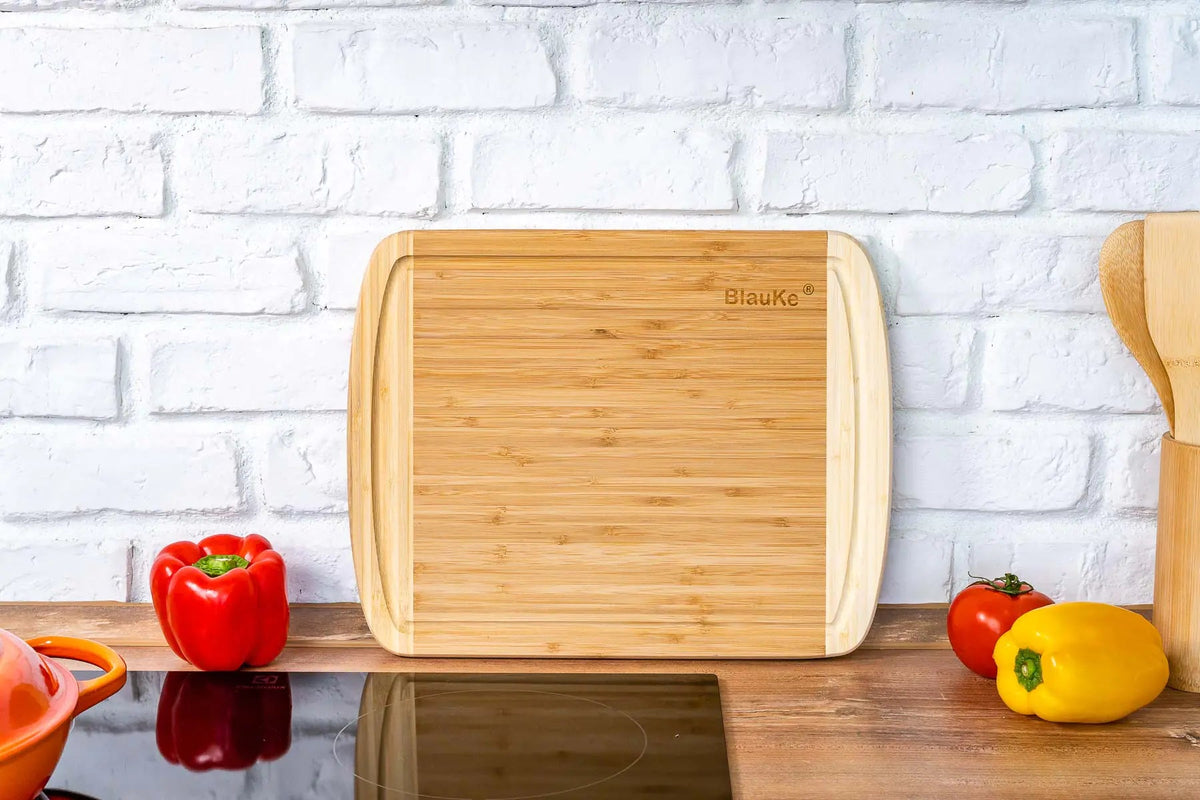 Large Wood Cutting Board for Kitchen 14x11 inch - Bamboo Chopping Board with Juice Groove - Wooden Serving Tray Rieworkes