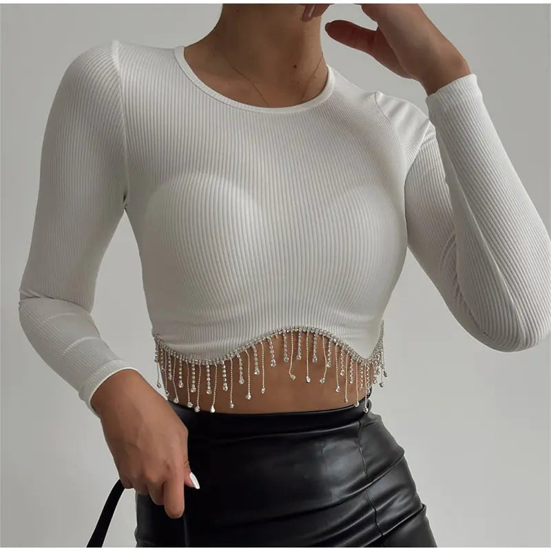 Elegant Rhinestone Tassel Cropped Top Rieworkes