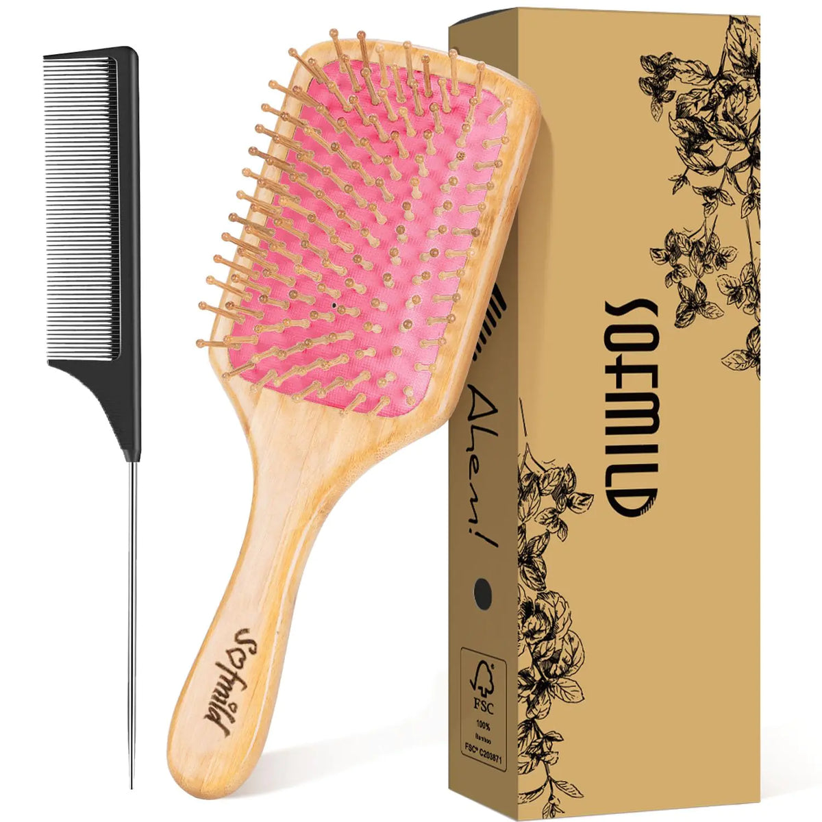 Sofmild Hair Brush-Natural Wooden Bamboo Brush-Eco Friendly Detangle Paddle Hairbrush for Women Men and Kids Massage Scalp Increase Hair Growth Rose Rieworkes