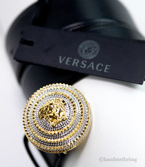 Versace Leather Round Ridged Medusa Emblem Adjustable Belt Mimarta