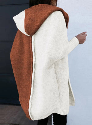 Astylish Women 2024 Open Front Long Sleeve Hooded Knit Cardigan Sweaters Color Block Outwear Coat Medium Brown Rieworkes