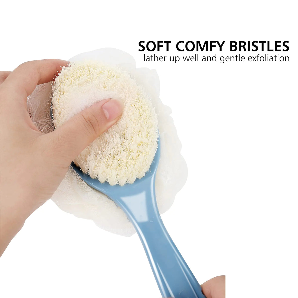 Shower Body Brush with Bristles and Loofah,Back Scrubber Bath Mesh Sponge with Curved Long Handle for Skin Exfoliating Bath, Massage Bristles Suitable for Wet or Dry, Men and Women (Blue) Rieworkes