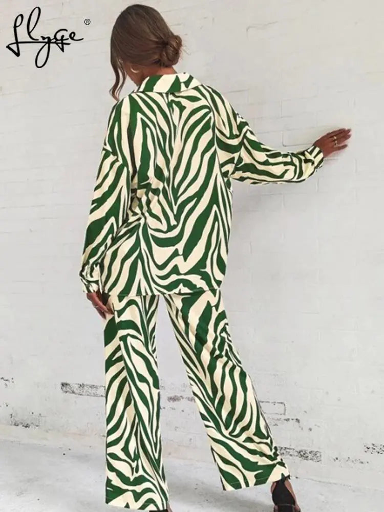 Loose Stripe Pants Set Elegant Long Sleeve Top Rieworkes