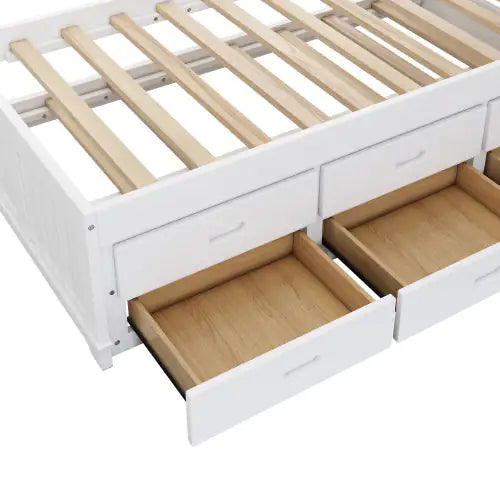 Solid Pine Captain Bookcase Bed With Trundle Bed And 3 Spacious Under Bed Drawers In Casual,Full, White Walnut Rieworkes