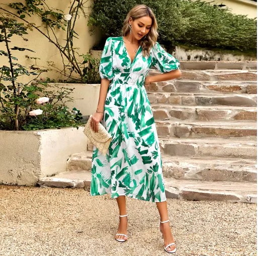 New V-neck Printed Short-sleeved Long Dress Summer Fashion Slim Seaside Vacation Beach Dresses For Women Clothing Rieworkes